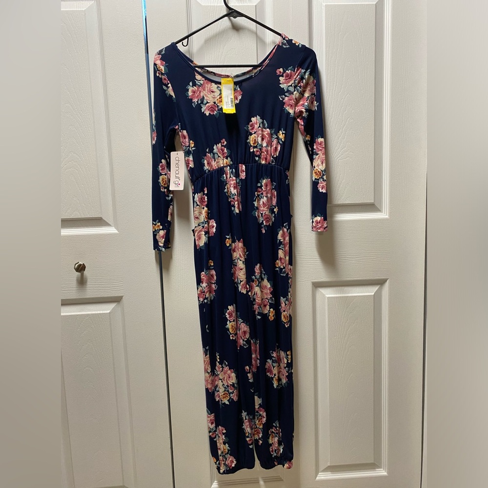 Chenault girls romper/jumpsuit, navy, floral,